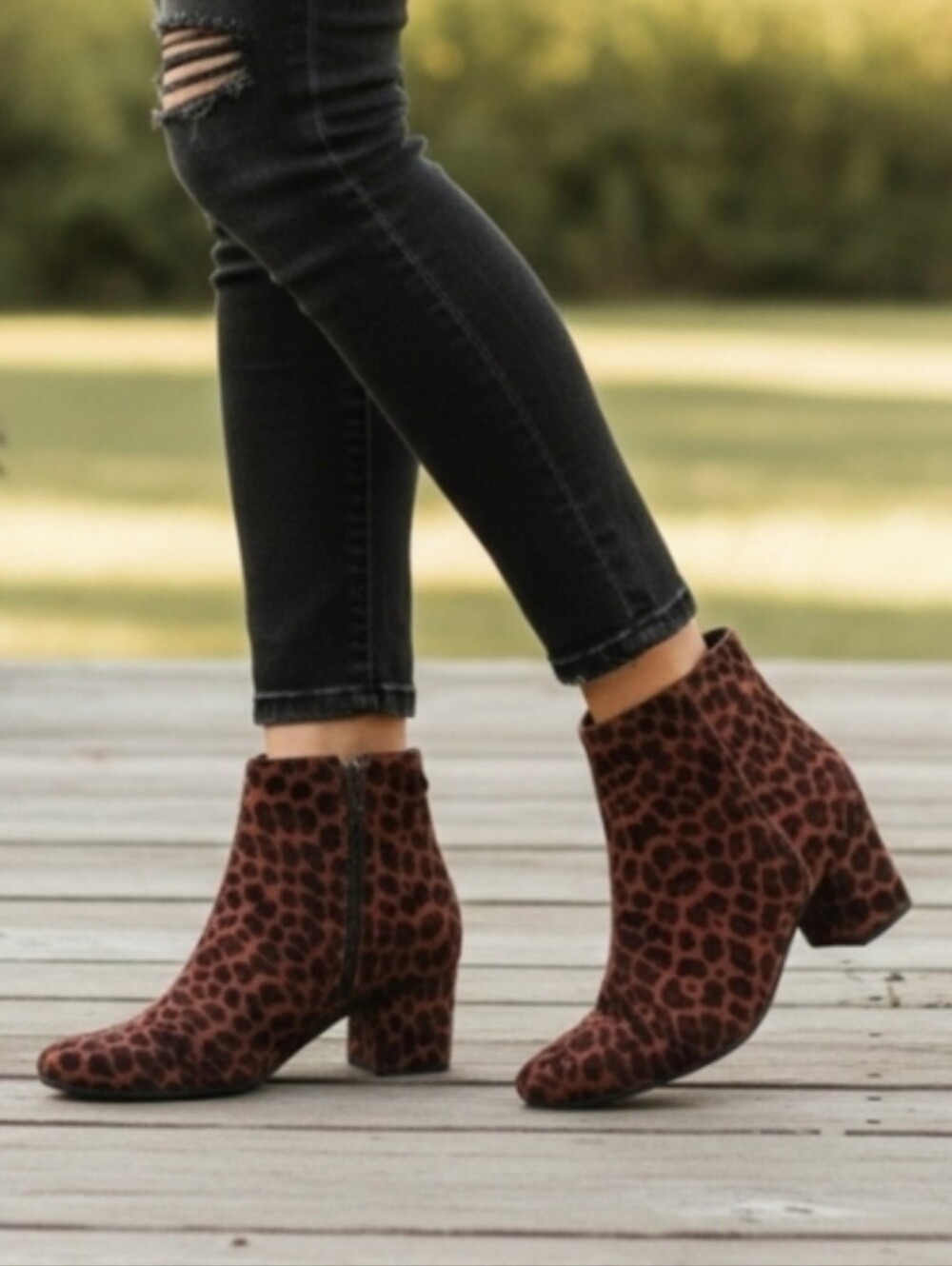 H London Leopard Print Velvet Booties Heeled Ankle Boots Zip Up Velour 38 7.5 8